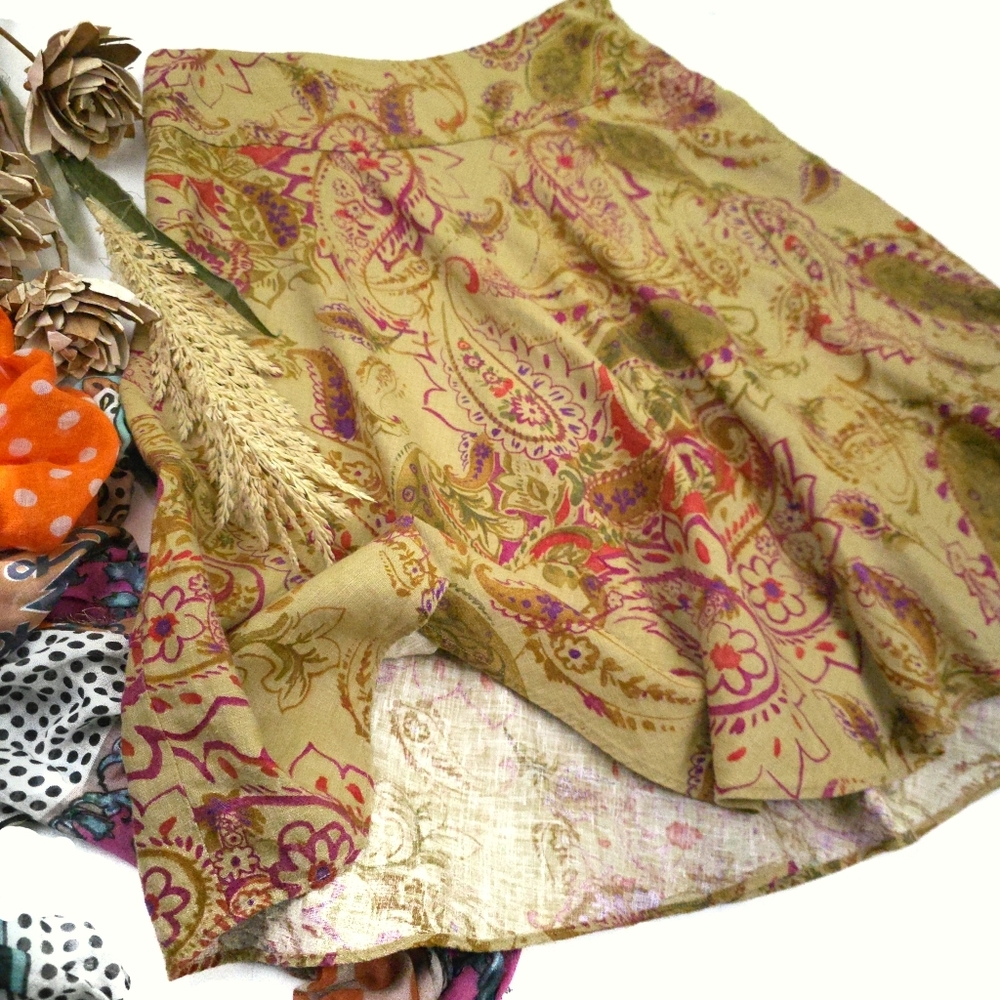 Lauren Ralph Lauren Paisley A-line Linen Skirt in Tan Skirt Sz 6